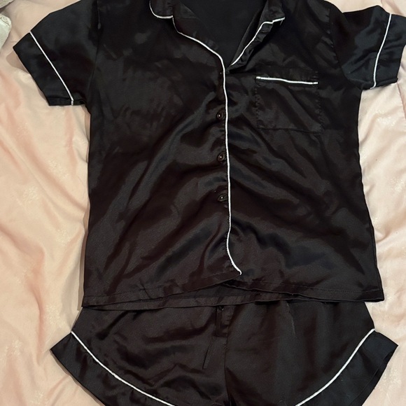 Black Satin Short Sleeve Pajama Set with White Lining - Picture 4 of 4